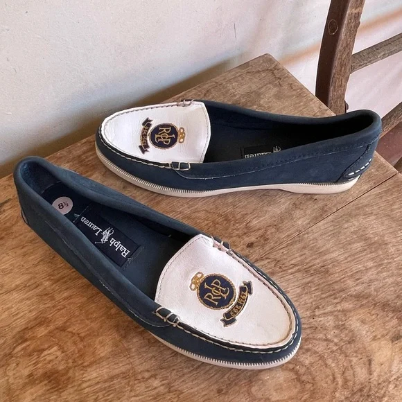 RALPH LAUREN POLO Vtg 80s Nautical Blue White Crest Loafer Deck Shoes 8.5AA Nice